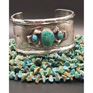 Vintage Navajo 3 Stone Turquoise SS Wide Cuff Bracelet~